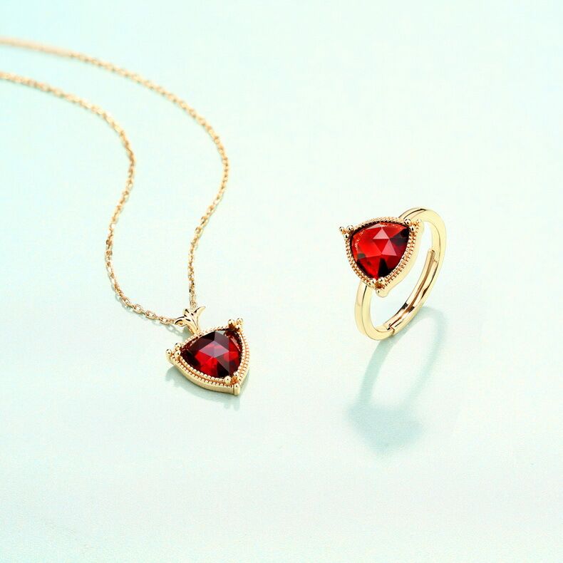S925 Sterling Silver Necklace 9k Yellow Gold Plating Blue London Topaz /Red Mozambique Garnet/Rose Crystal